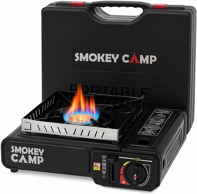 Portable Camping Stove with Plastic Suitcase 3000W Dual Fuel Compatable with Butane or Propane Fuel Tanks, Automatic Ignition, Precise Heat Control, for Camping, Hiking, and Outdoor Cookwing