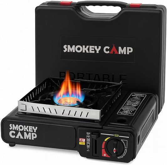 Portable Camping Stove with Plastic Suitcase 3000W Dual Fuel Compatable with Butane or Propane Fuel Tanks, Automatic Ignition, Precise Heat Control, for Camping, Hiking, and Outdoor Cookwing