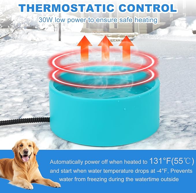 Heated Water Bowl for Cats Dogs Outside, 3.2L Winter Heated Dog Water Dish, Heated Dog Water Bowl Outdoor, Thermostatic Control Anti-freeze Heated Pet Water Bowl for Chicken,Duck,Goose,Rabbit