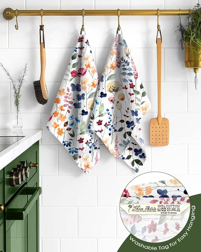 Flour Sack Kitchen Towels Set of 2-18x26 Cotton Dish Towels with Hanging Loop Reusable Tea Towel for Cleaning Spring Absorbent Dishcloths Cute Home Decor Housewarming, Watercolor Flower
