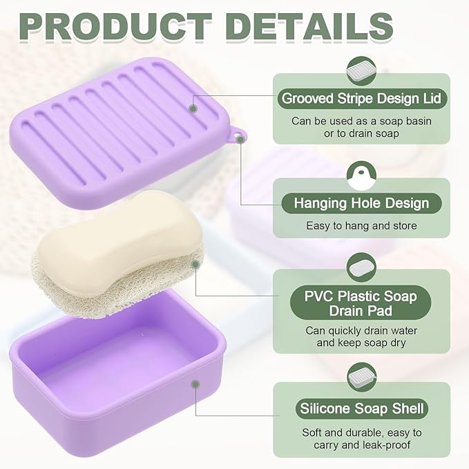uxcell Shampoo Bar Travel Case, Silicone Leak Proof Soap Bar Case with Draining Layer Soap Container for Traveling, Bathroom, Gym, Camping(4"x2.76"x1.3", Light Purple)