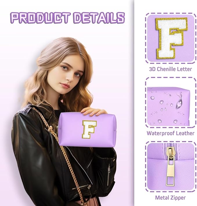 TOPEAST Preppy Makeup Bag, Cute Makeup Pouch PU Leather Waterproof Cosmetic Bag, Personalized Birthday Gifts for Mom Teacher Friends Bridesmaids Nurse, Trendy Stuff for Girls (Purple I)