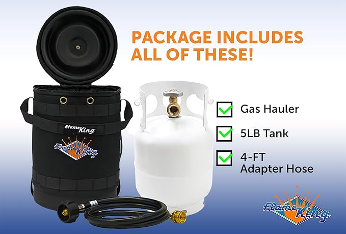 Flame King Gas Hauler Pro Kit - Insulated Protective Carry Case, 5LB Propane Tank with Built-in Gauge and 5-FT Adapter Hose for Camping and Outdoor Adventures
