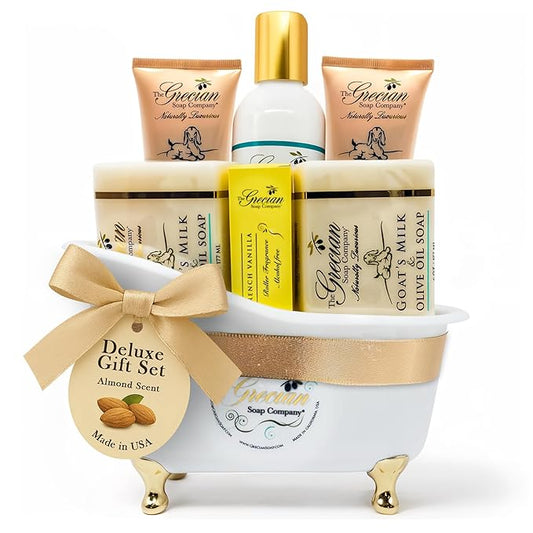 The Grecian Soap Company Deluxe Gift Basket for Women - 6pcs Goat Milk & Olive Oil Skin Care Set, Birthday Gifts, Spa Gift, Bridal Shower Gifts, Gifts for Mom, Almond Scent, Handmade in the USA
