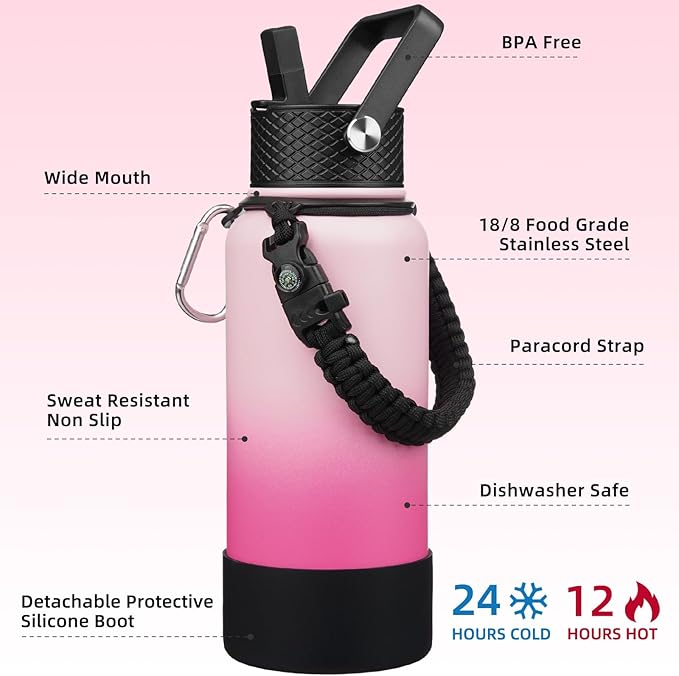 BJPKPK 32oz Insulated Water Bottles with 3 Lids, Paracord Handle & Non-slip Boot, Stainless Steel Metal Water Bottle,Reusable BPA Free Thermal Flasks, Tumblers, Cherry