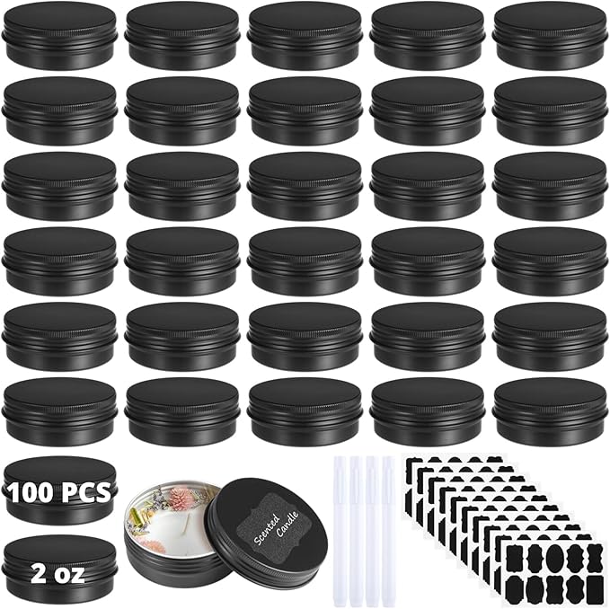 Lnrueg 100PCS Metal Round Tins, 2 oz Black Aluminum Tin Cans Containers with Screw Lid for Lotion Bars, Balms, Salve, Spices or Beard Balm, DIY Candle Making Jar