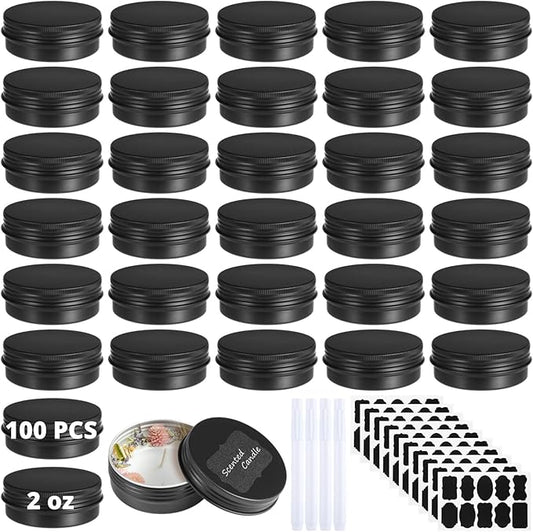 Lnrueg 100PCS Metal Round Tins, 2 oz Black Aluminum Tin Cans Containers with Screw Lid for Lotion Bars, Balms, Salve, Spices or Beard Balm, DIY Candle Making Jar