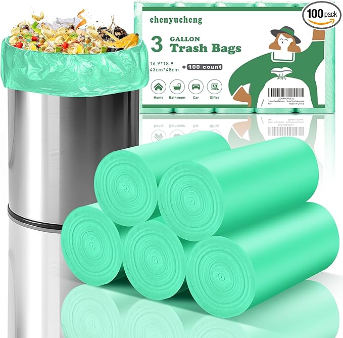 3 Gallon Small Bathroom Trash Bag - Green Mini Garbage Bags Biodegradable Kitchen Office Car Waste Basket Unscented Tiny Liners 100 Count 12 Liter Compostable Strong Thick Chenyucheng