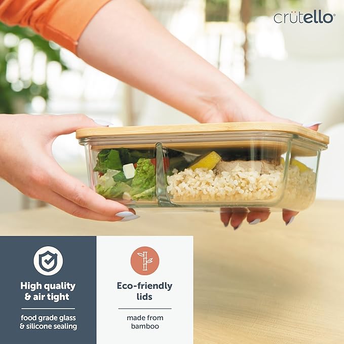 Crutello Glass Storage Containers with Bamboo Lids - Eco-Friendly Non Toxic Meal Prep Jars with Wooden Lid for Fridge and Kitchen Organization - Non Plastic Container for Fruit Bowls - 48 oz - 4 Pack