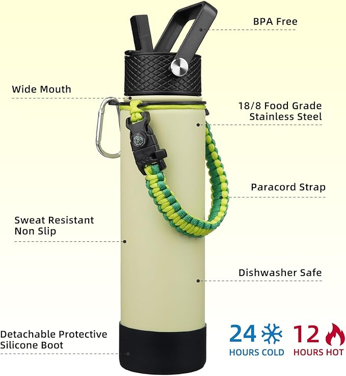 BJPKPK 27oz Insulated Water Bottles with 3 Lids, Paracord Handle & Non-slip Boot, Stainless Steel Metal Water Bottle with Straw, BPA Free Thermal Flasks, Tumblers,Macaron Green