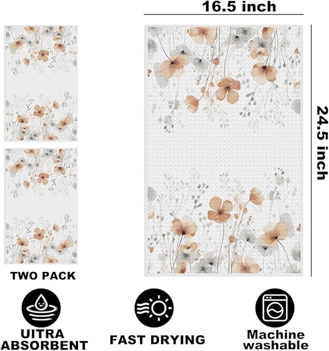 2Pcs Watercolor Floral Kitchen Towels 24x14 Inch, Rustic Boho Flower Waffle Hand Towels for Kitchen Home Decor, Absorbent Microfiber Dish Cloth Tea Towel, Housewarming Gifts for Women Mom Grandma