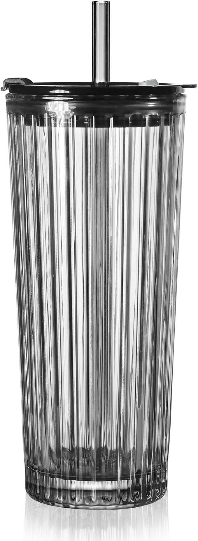 Puraville 18oz Glass Cup with Lid and Straw, Vintage Ribbed Striped Thickened Glassware for Whiskey Cocktail Beer, Mason Jar Drinking Glasses Tumbler Iced Coffee Cup, Black
