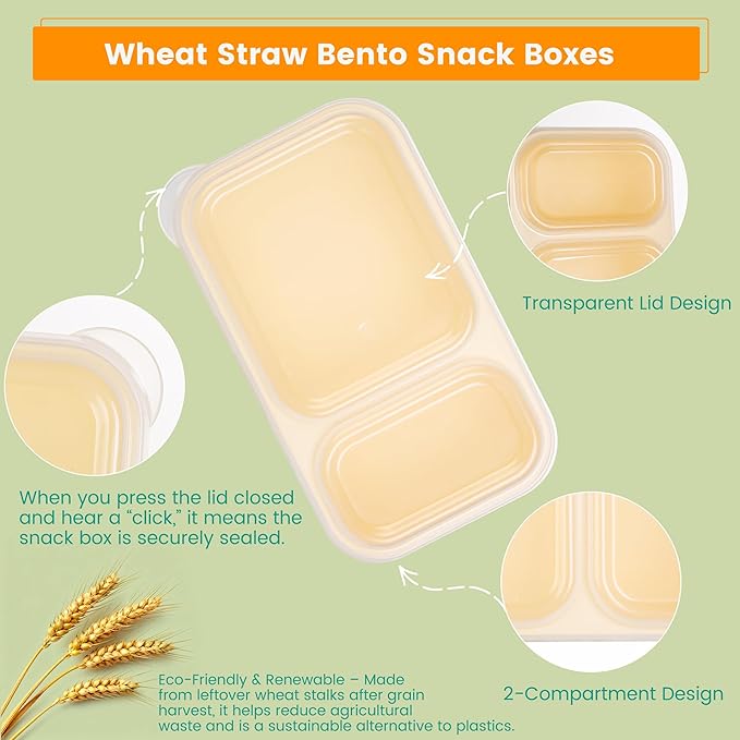8 Pack Wheat Straw Snack Containers with Lids, 2-Compartment Reusable Bento Boxes for Meal Prep, Travel, Camping, and On-the-Go Snacks, Leak-Proof & Dishwasher Safe (8 Colors)