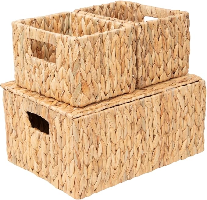 Water Hyacinth Storage Baskets with Handles Set of 3 , Handmade Natural Woven basket with lid, Rustic Farmhouse Style for Shelf Home Organization