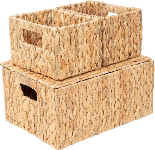 Water Hyacinth Storage Baskets with Handles Set of 3 , Handmade Natural Woven basket with lid, Rustic Farmhouse Style for Shelf Home Organization