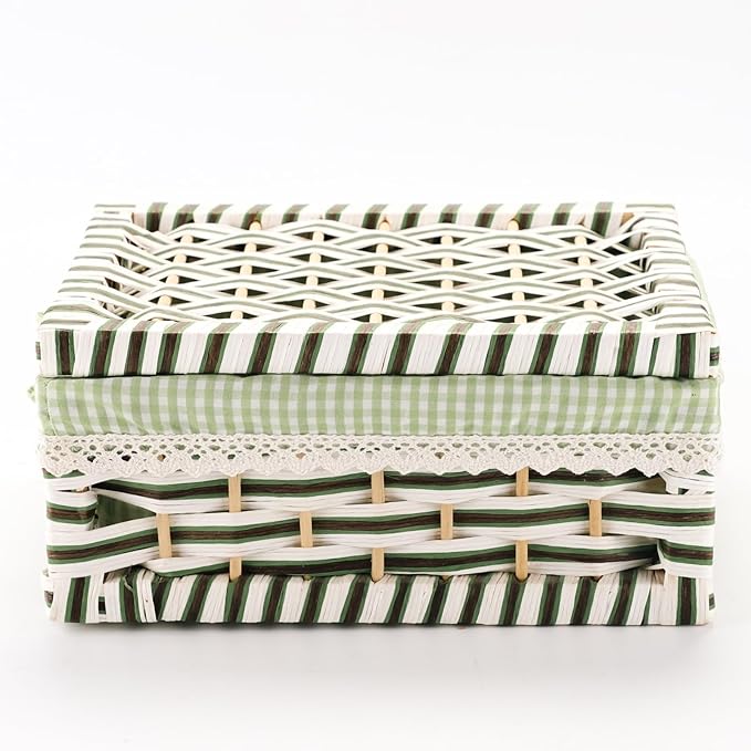 Paper Rope Storage Basket with Lid,Handmade Woven Rustic Green Shelf Basket for Organizing, Decor-Detachable & Washable Lining (Small)