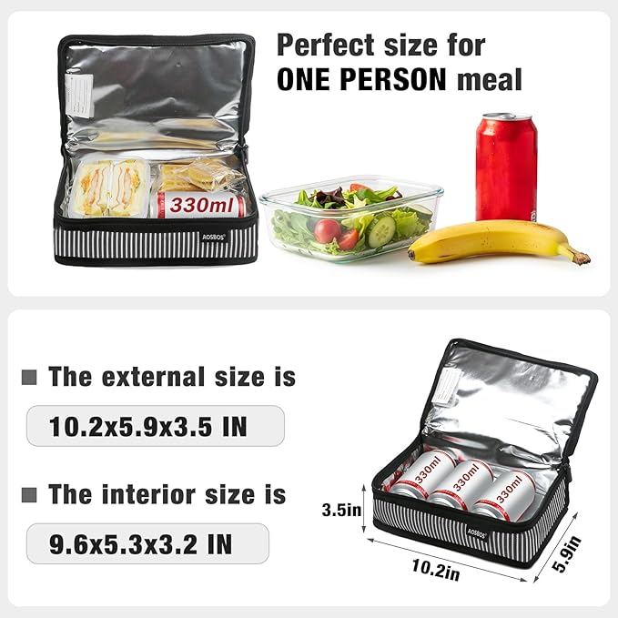 Aosbos Small Insulated Lunch Bag - Compact Lunch Box for Portion Control, Work & Office, Railroad Stripe