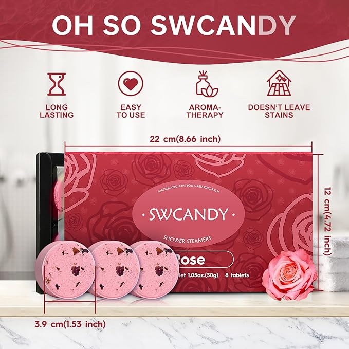 Aromatherapy Shower Steamers Birthday Day Gifts Rose - Swcandy 8 Pcs Bath Bombs Birthday Gifts for Women, Shower Bombs with Essential Oils, Relaxation Home SPA for Women Who Has Everything