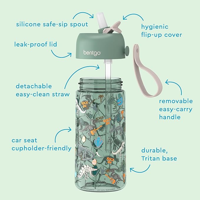 Bentgo Kids Water Bottle 2-Pack - Leak-Proof, Durable Tritan, BPA-Free 15 oz. Cup for Kids/Toddlers Ages 3+, Safe Sip Spout, & Dishwasher Safe for School/Sports/Daycare/Camp (Dinosaur/Dino Fossils)