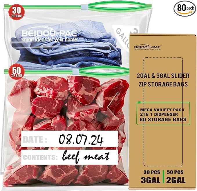 Combo Large Slider Storage Bags 80 Count, 2 Gallon & 3 Gallon Resealable Variety Pack With Organizer, Reclosable Clear Plastic Bags (Variety Pack)