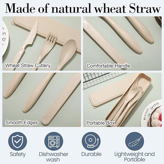 Yahenda 28 Sets Reusable Travel Utensils Set with Case Wheat Straw Cutlery Portable Spoon Knife Fork Tableware Lunch Box Accessories Bulk for Adults Travel Picnic Camping Utensils Gifts (Multicolor)