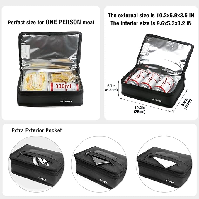 Aosbos Small Insulated Lunch Bag - Compact Lunch Box for Portion Control, Work & Office, Black