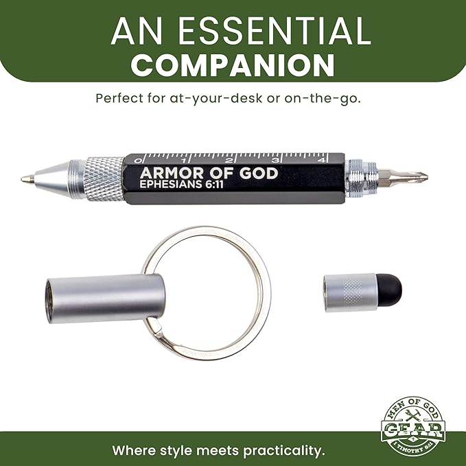 5-in-1 Mini Multitool Pen - Armor of God, Eph 6:11 Scripture - Dual Sided Mini Tool Keychain w/Ball Point Pen, Cm Ruler, Screwdriver Bits & More - Christian Pocket Tools For Men