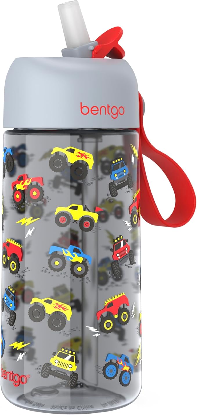 Bentgo Kids Water Bottle - Leak-Proof, Durable Tritan, BPA-Free 15 oz. Cup for Kids/Toddlers Ages 3+, Safe Sip Spout, Carrying Handle, & Dishwasher Safe for School, Sports, Daycare & Camp (Trucks)
