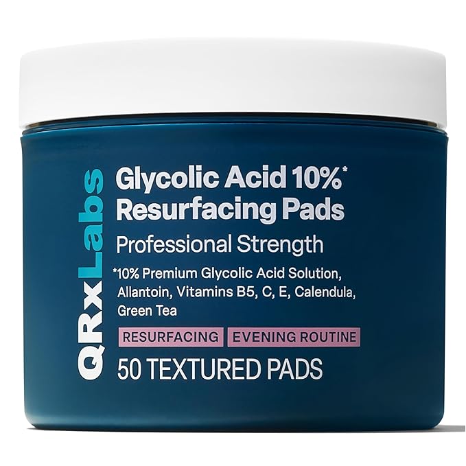 QRxLabs Glycolic Acid Pads - 10% Resurfacing Pads AHA for Face & Body - Exfoliates Skin Surface and Reduces Apperance of Fine Lines and Wrinkles - Daily Pads - 50ct