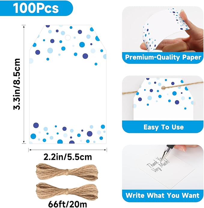 Anwyll Gift Tags with String - 100Pcs Blue Confetti Polka Dot Gift Bag Tags Personalized White Blank Hanging Paper Label Tag for Birthday Party Wedding Bridal Shower Fathers Day Favor Present Wrapping
