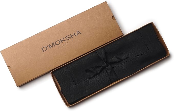 D'Moksha Homes Linen Placemats Set of 4 - Classic Hemstitch Black Placemats 14 x 19 Inch - 100% Pure Linen Table Mats for Winter, Christmas, Holiday - Handcrafted and Machine Washable