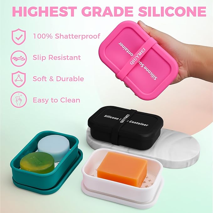 Silicone Soap Holder， Enhanced Leak-Proof Travel Soap Container with Draining Layer，Portable Bar Soap Holder, Soap Case with Soap Bag, Soap Dishes for Bathroom/Camping/Gym/ (Pink)