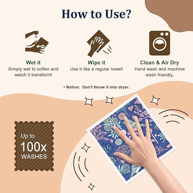 Swedish Dishcloths for Kitchen, 6 Pack Reusable Paper Towels Washable, Super Absorbent Kitchen Towels, Odorless, Biodegradable and Quick-Drying Dish Cloths, Flower and Bird Pattern