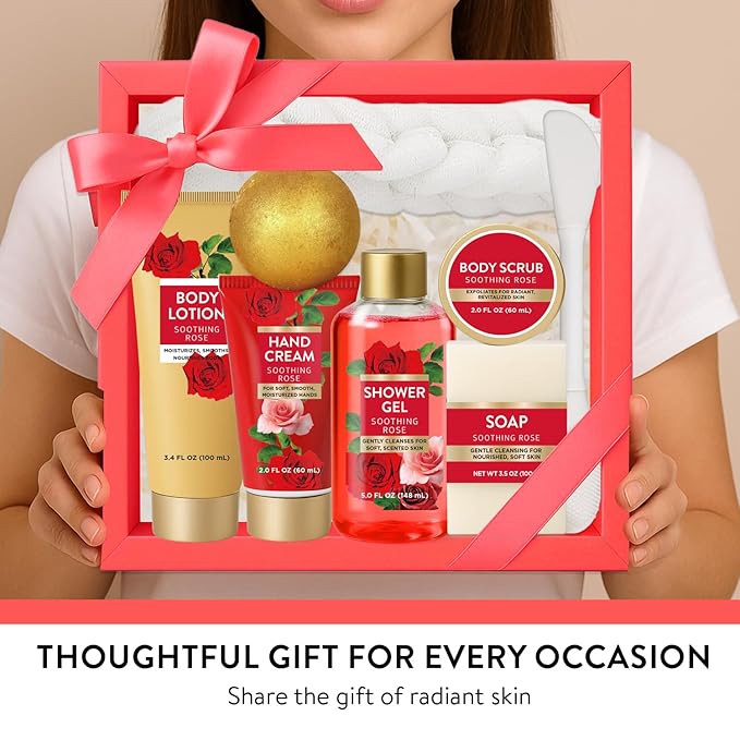 Romantic Rose Christmas Spa Gifts for Women, 8 Piece Gift Set with Bubble Bath, Luxury Bath Gift for Her, Anniversary or Birthday Gift for Wife, Girlfriend, Mom - Body Scrub, Lotion, Hand Cream, Soap