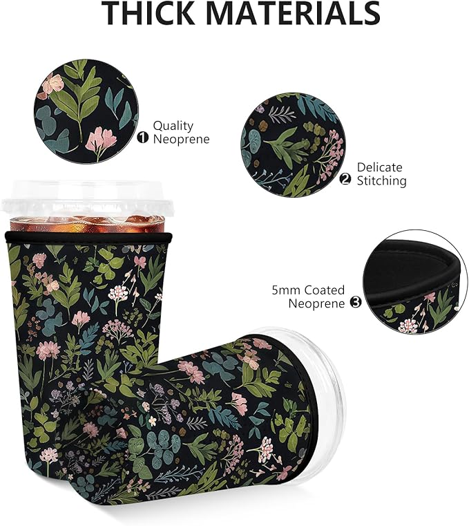 3 Pack Iced Coffee Sleeve, Reusable Insulated Neoprene Cup Sleeve for Cold & Hot Drinks Beverages, Cup Holder for 16-32oz Coffee Cups, Black Flowers