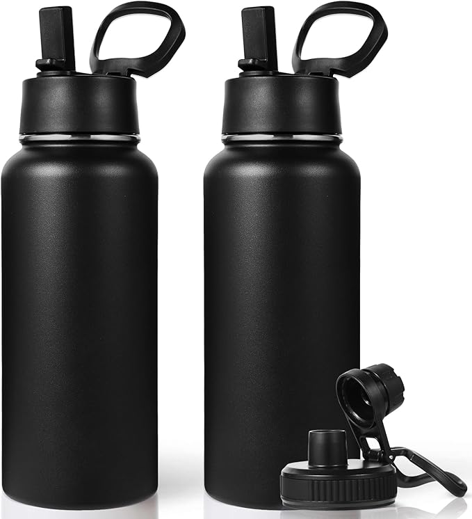 Neihepal 32 oz Insulated Water Bottles with 2 Lids (Straw & Spout Lid), 18/8 Stainless Steel Double Wall Water Bottle for Gym, Travel, Camping, Sports (Black,2 Pack)