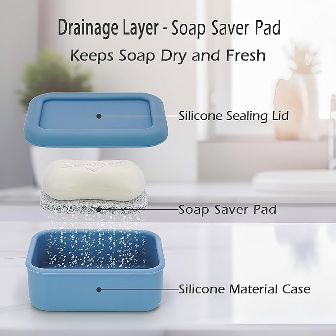 Leak Proof Silicone Travel Soap Case with Draining Layer, Compact Portable Soap Container, Shatterproof Soap Holder for Traveling, Camping, Gym, Bar Soap Caddy (Dark Blue)