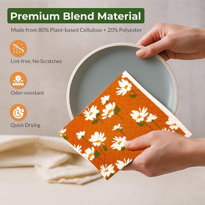 MosJos Swedish Dishcloths, Super Absorbent Multi-Surface Cleaning Cloths, Blue Floral Print, 80% Cellulose, 6.7x7.5 Inch, Set of 5 Designs