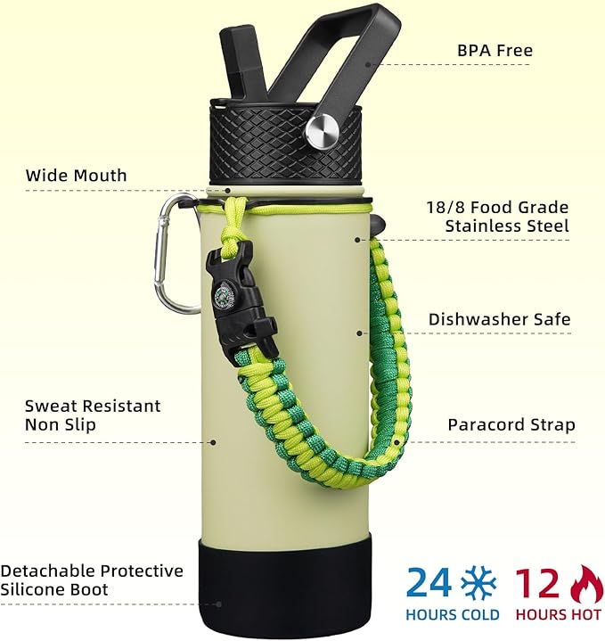 BJPKPK Insulated Water Bottle with Straw Lid, 22oz Thermal Flasks Water Bottles with 3 Lids, Paracord Handle & Non-slip Boot, BPA Free Leak Proof Stainless Steel Tumblers,Macaron Green
