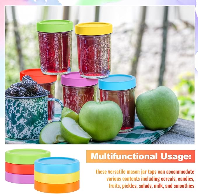 12 Pcs Silicone Regular Mouth Lids Mason Jar Lids Thickened Leak Proof Lid for 70 mm All regular mouth Mason Jars, Reusable Large Canning Jar Caps(Red Orange Yellow Green Blue Purple)