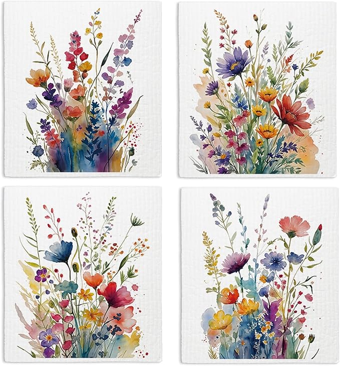 Swedish Dishcloths for Kitchen, Summer Wildflower Floral Kitchen Dish Towels for Washing Dishes, 4 Pack Reusable Paper Towels, Sponge Cloths for Home Cleaning Cooking Baking Housewarming Gift
