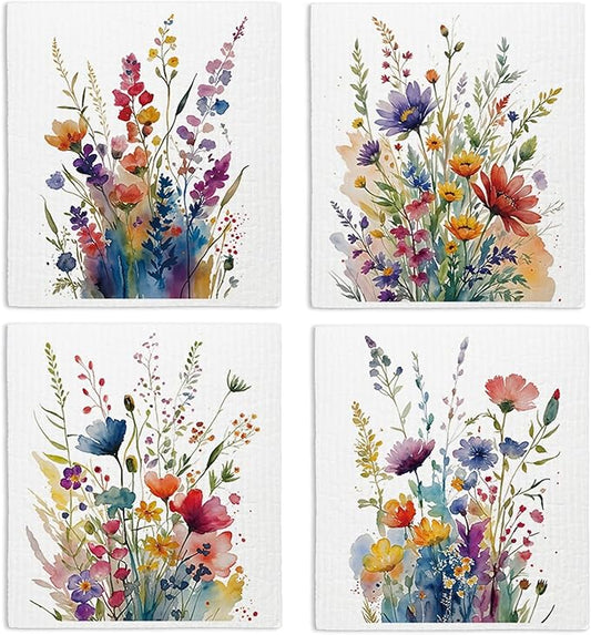 Swedish Dishcloths for Kitchen, Summer Wildflower Floral Kitchen Dish Towels for Washing Dishes, 4 Pack Reusable Paper Towels, Sponge Cloths for Home Cleaning Cooking Baking Housewarming Gift