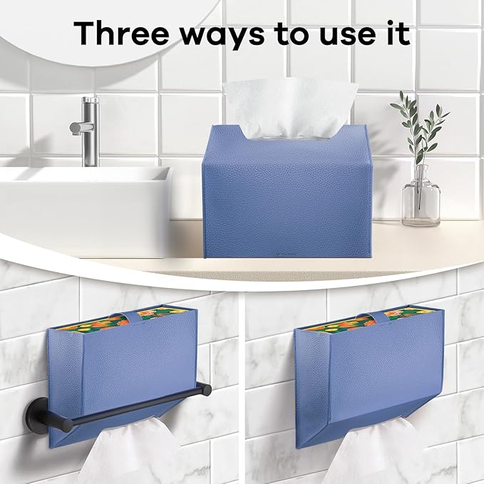 Tissue Box Cover Holder Compatible with Kleenex Disposable Paper Hand Towels, Leather Paper Towel Dispenser for Tabletop, Bathroom, Car, Office (Blue-1 Pack)
