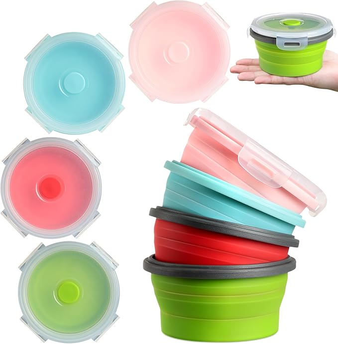 Suclain 4 Pcs Collapsible Bowls with Lids Silicone Camping Food Storage Container Expandable Folding Salad Lunch Box Travel Container for Hiking Camping(Red, Pink, Blue, Green,12 oz)