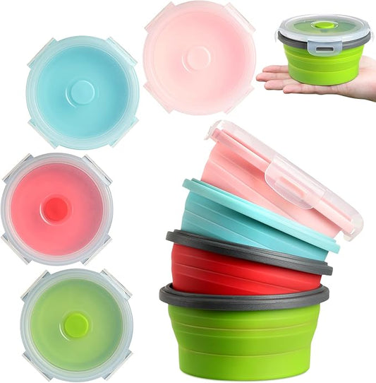 Suclain 4 Pcs Collapsible Bowls with Lids Silicone Camping Food Storage Container Expandable Folding Salad Lunch Box Travel Container for Hiking Camping(Red, Pink, Blue, Green,12 oz)