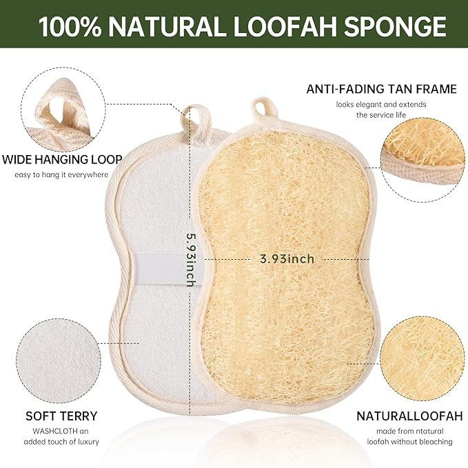 Natural Loofah Bath Sponges with Cotton Rope Exfoliating Body & Face Scrubber Reusable & Eco-Friendly,Soap Loofa Shape- Large 3PCS