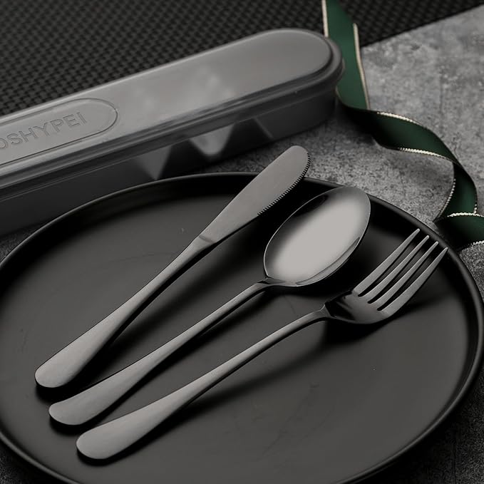 Portable Utensils Set with Case, 4pcs Stainless Steel Reusable Silverware for Lunch Camping School Picnic Workplace, Lunch Box Includ Fork Spoon Knife,Easy to clean,Dishwasher Safe (grey)