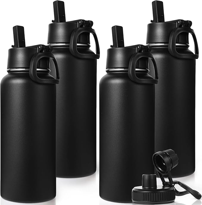 Neihepal 32 oz Insulated Water Bottles Bulk with 2 Lids (Straw & Spout Lid), Stainless Steel Double Wall Water Bottle, Keeps Cold 24H & Hot 12H (Black,4 Pack)