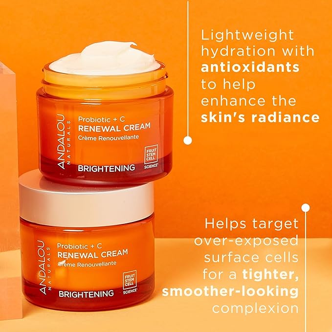 Andalou Naturals Probiotic + C Renewal Cream, Probiotic Plus C, Complexion Enhancing Face Moisturizer, Helps Promote Firmer Skin & More Even Skin Tone, Lightweight Hydrating Facial Moisturizer, 1.7 Oz