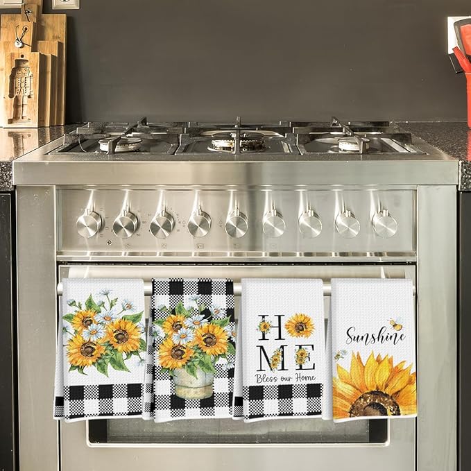 Jztco 4Pcs Sunflower Kitchen Towels 24x14 Inch, Spring Summer Floral Checkered Hand Towels for Kitchen Farmhouse Decor, Absorbent Dish Cloth Tea Towel, Sunflower Gifts for Women Mom, Bless Our Home